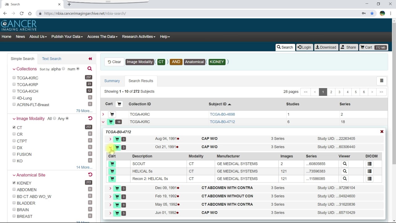 Использование корзины данных на портале данных TCIA
