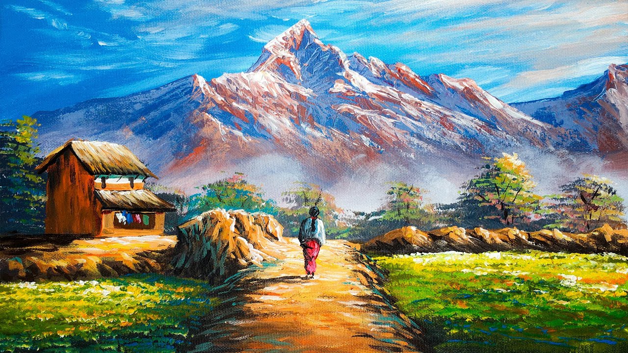 Village Scenery in Beautiful Landscape |Acrylic Nature Painting Tutorial | Nepali Landscape Painting