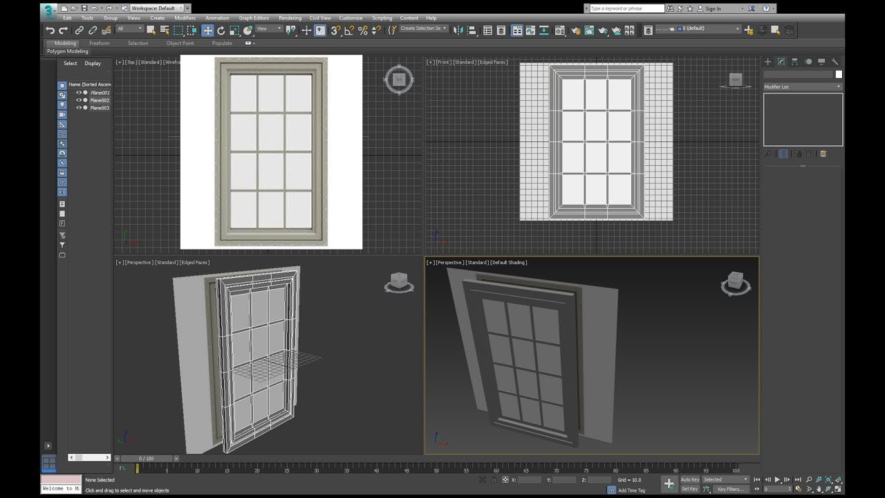 Autodesk 3ds Max modeling window: shell modifier /planes and polygons