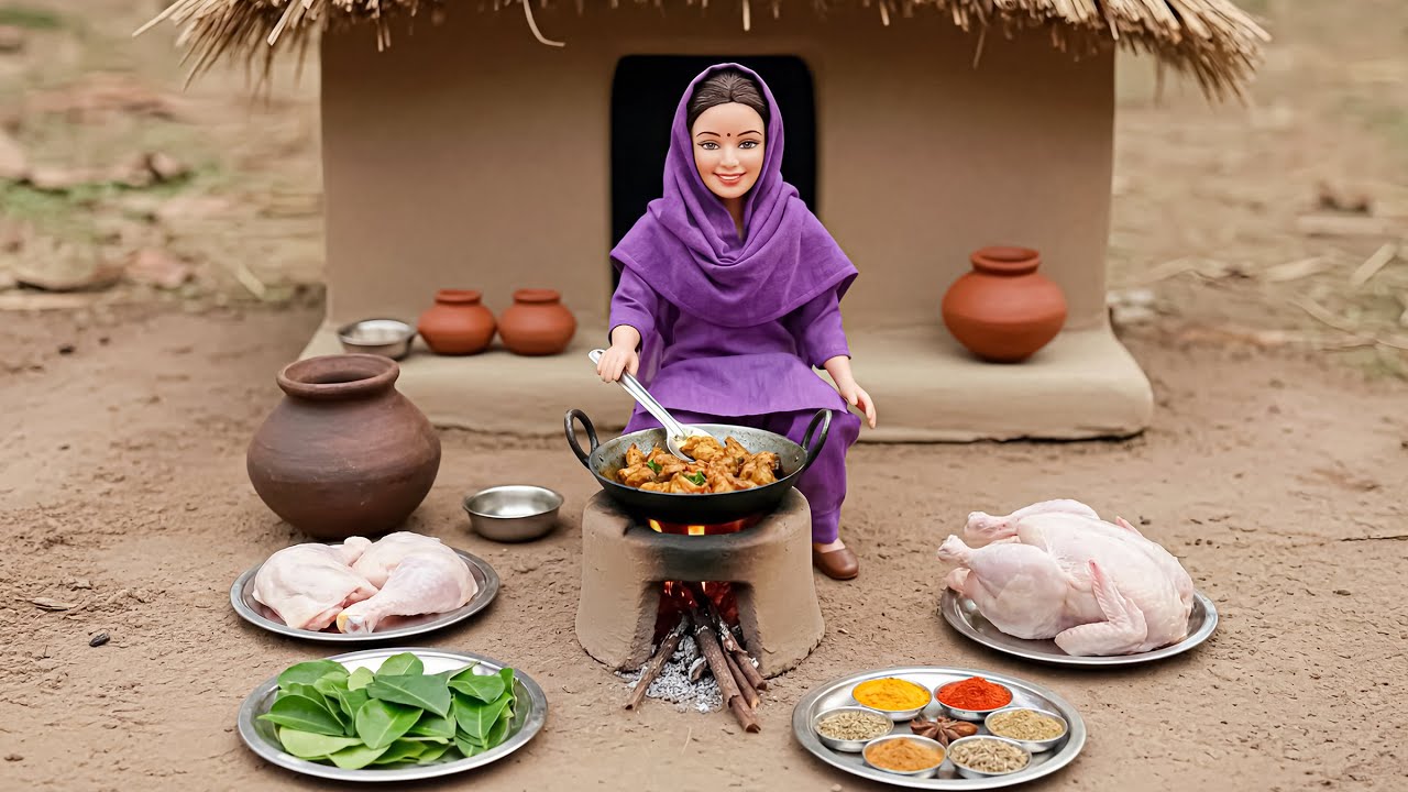 Miniature Doll Chicken Masala Curry Rice Cooking ASMR | Indian Village Tiny Kitchen Story