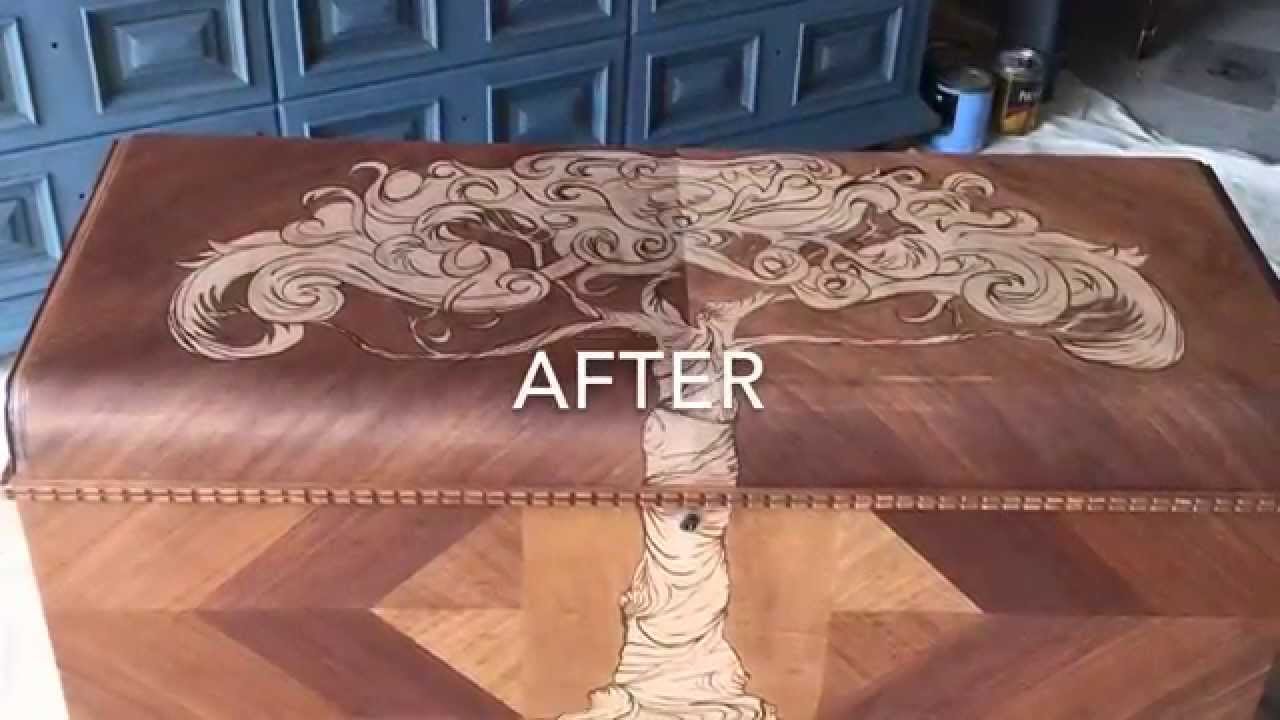 Decorative stain art on cedar chest by Custom Kate