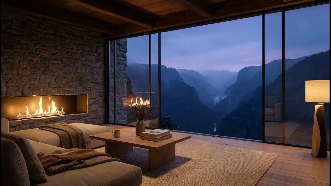 Modern Cabin Fireplace 🔥 Peaceful Mountain Ambience