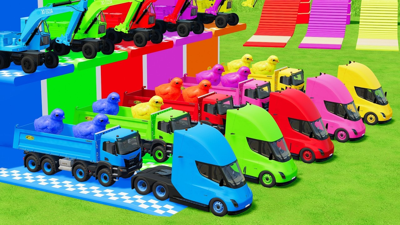 Garage with Colors - ALL MIXER TRUCK WITH DOUBLE FLATBED TRAILER TRUCK, IVECO, DAF, MACK FT PART 5
