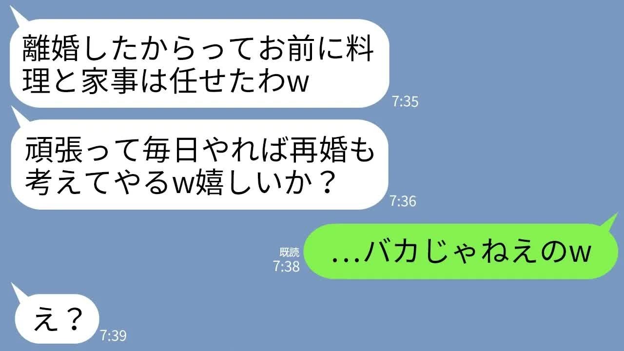 【LINE】離婚後もなぜか私に家事を強要する元夫「料理と洗濯しとけw頑張ったら再婚も考えてやるよ」→勘違い野郎に現実を叩きつけてやった結果www