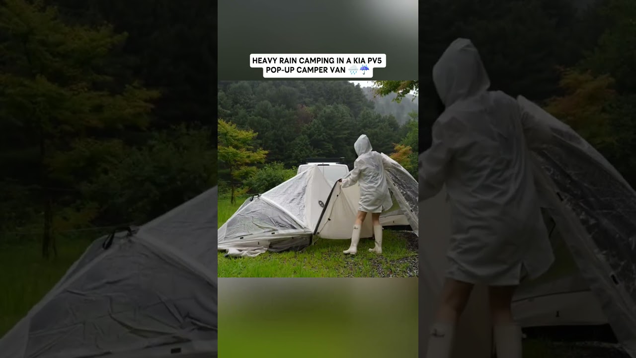heavy rain camping in a Kia pv5 Pop up camper van #campinglife 🌧️ ☔#outdoor #asmr #snow #shorts