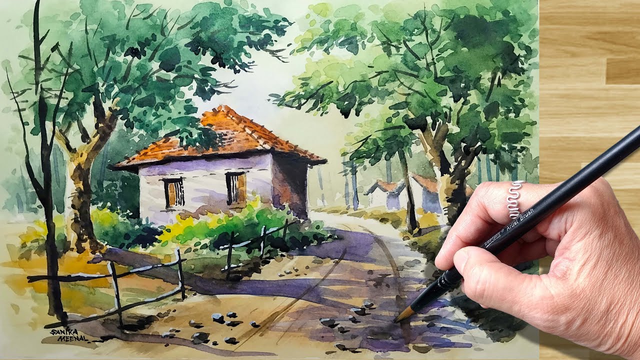 🎨 Watercolor Step-by-Step Landscape Painting Tutorial for Beginners | निसर्गचित्र पेंटिंग