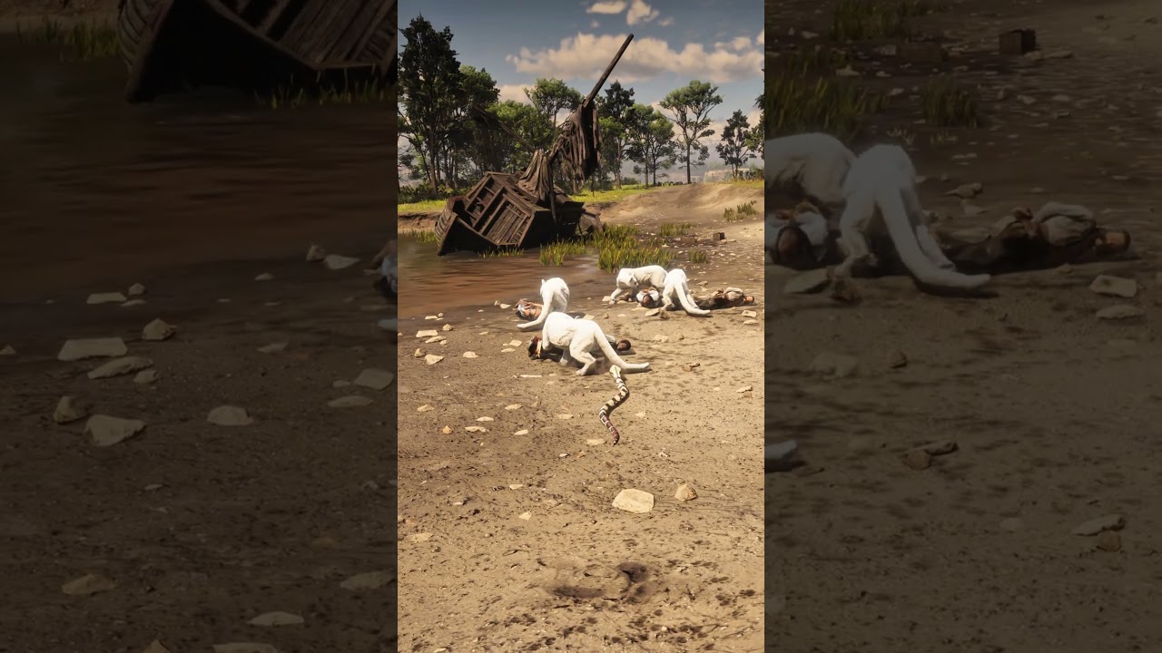 4 Mountain Lions Surround 4 Tied People - Snake Bites One Lion Near River!  RDR2 #shorts