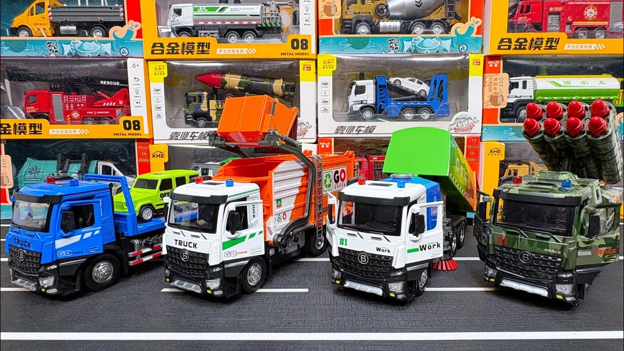 Collection Of Diecast Trucks : Flatbed Truck, Garbage Truck, Road Sweeper Truck, Military Truck