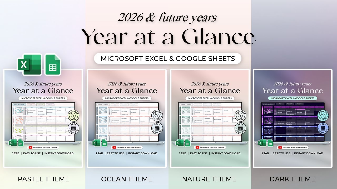 Year at a Glance - 2026 & Future Years - Annual Planner - Calendar - Excel and Google Sheets