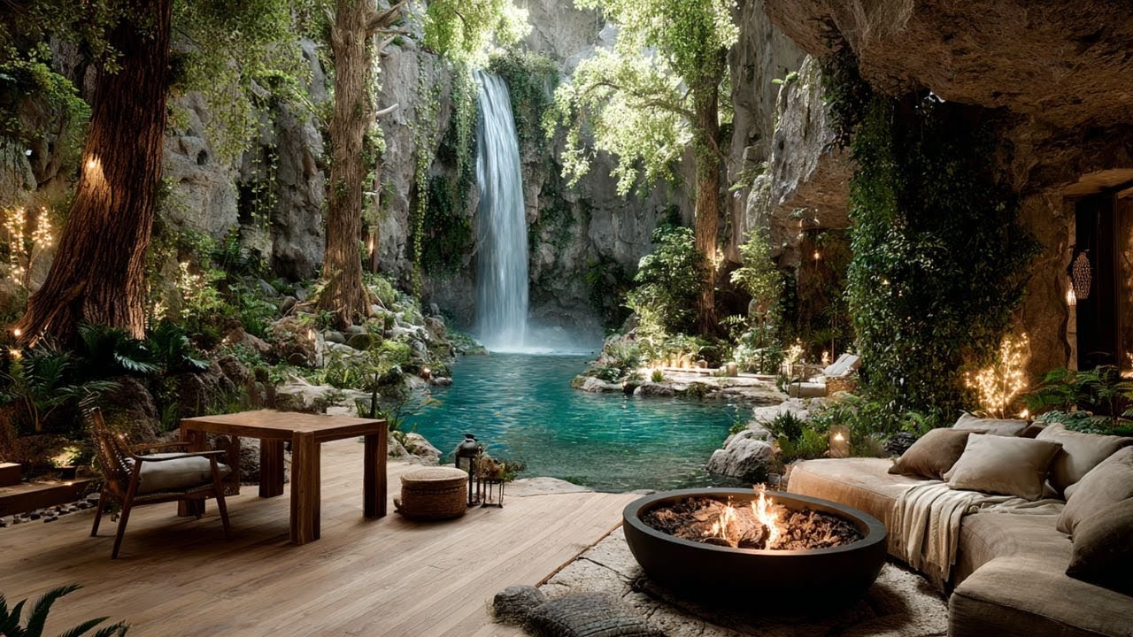 Nature Getaway by the Waterfall 🔥 Crackling Fire & Bird Sounds for Deep Rest and Calm Focus