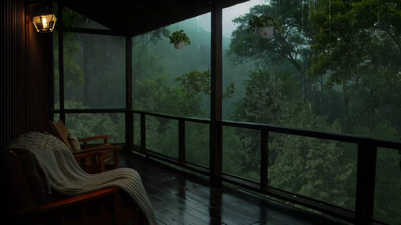 Peaceful Rainy on Balcony in the Forest | Soothing Nature Sounds Ambience for Meditation