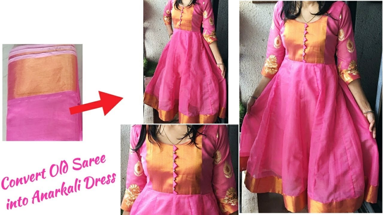 DIY: Convert Old Saree in to Designer Anarakali Dress with 👌Beautiful Neckline Cutting and Stitchin
