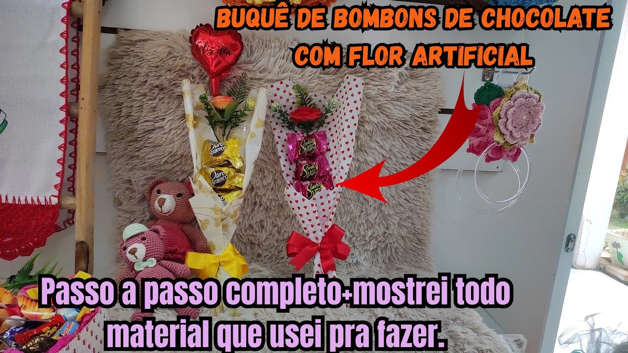 BUQUÊ D BOMBONS D CHOCOLATE COM  FLOR ARTIFICIAL/PASSO A PASSO COMPLETO+MOSTREI TODO MATERIAL Q USEI