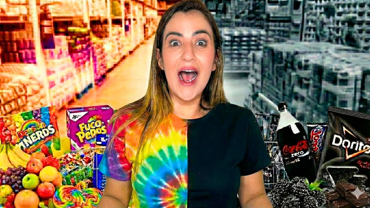Desafio no SUPERMERCADO: Tudo Preto VS Tudo Coloridas 🍭🛒Quem venceu? ✨
