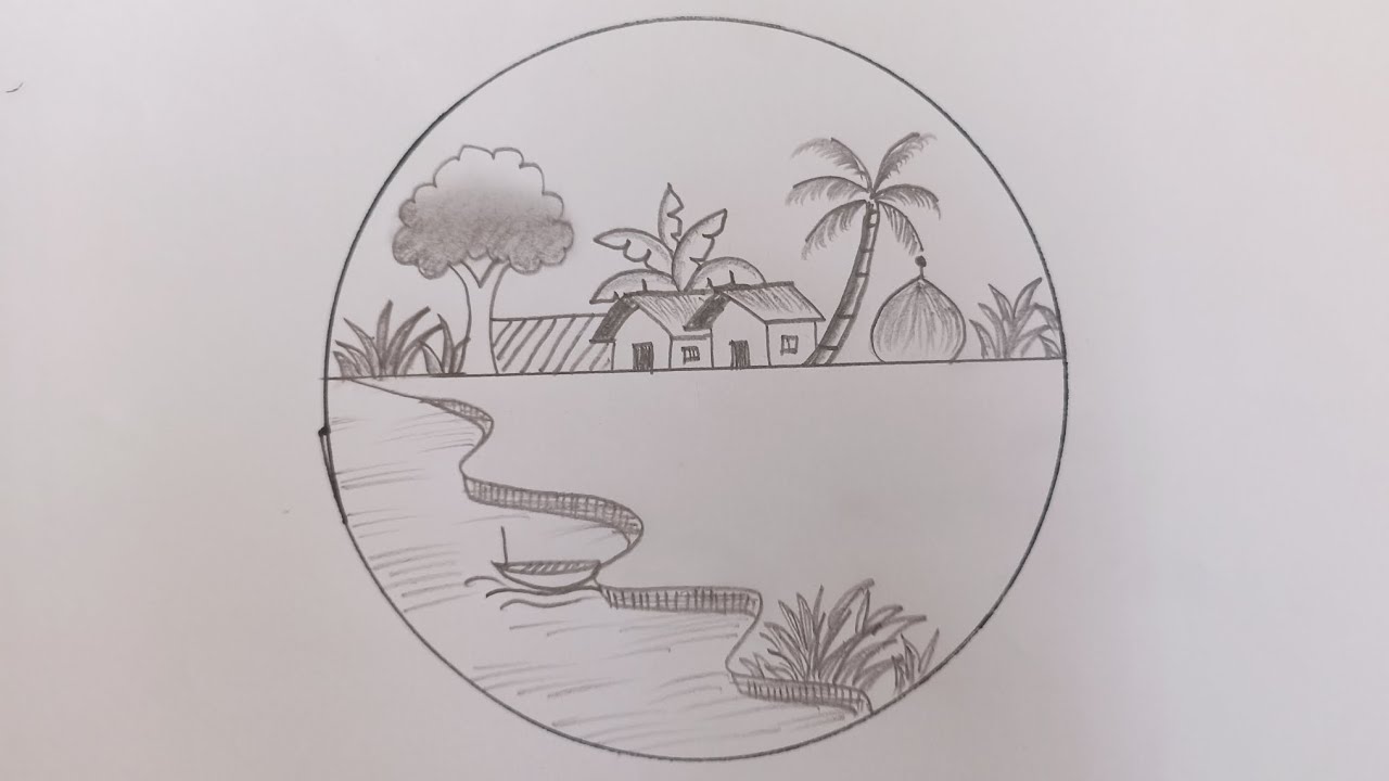 Simple and Beautiful Village Scenery Pencil Drawing Tutorial 