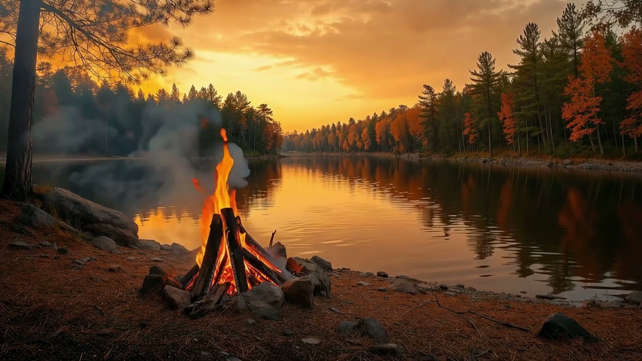 Cozy Campfire by the Lake at Sunset 🔥 Relaxing Nature Sounds 4K | Autumn Forest Ambience