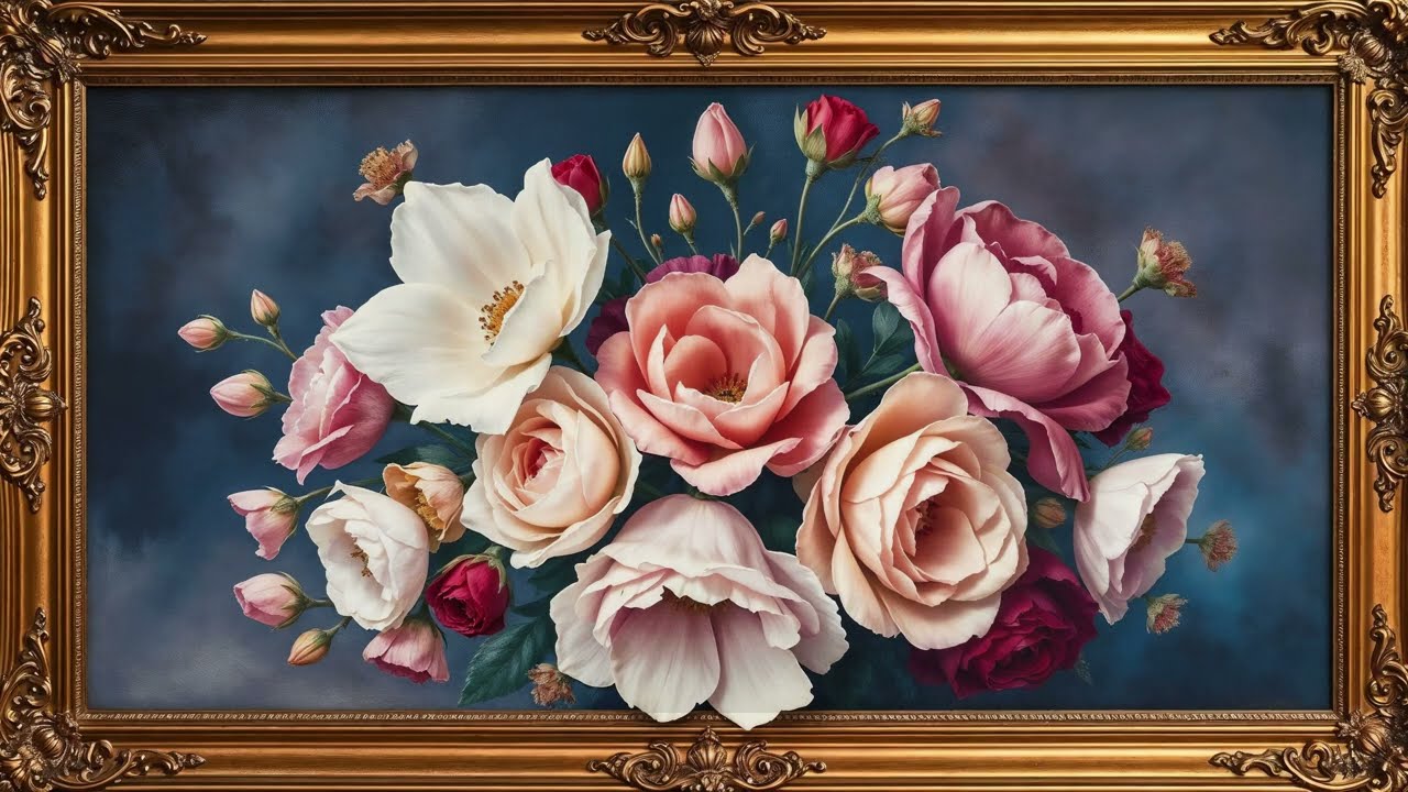 Luxury Vintage Floral Art in Golden Frame | Royal Classical Flowers 4K, TV WALLPAPER