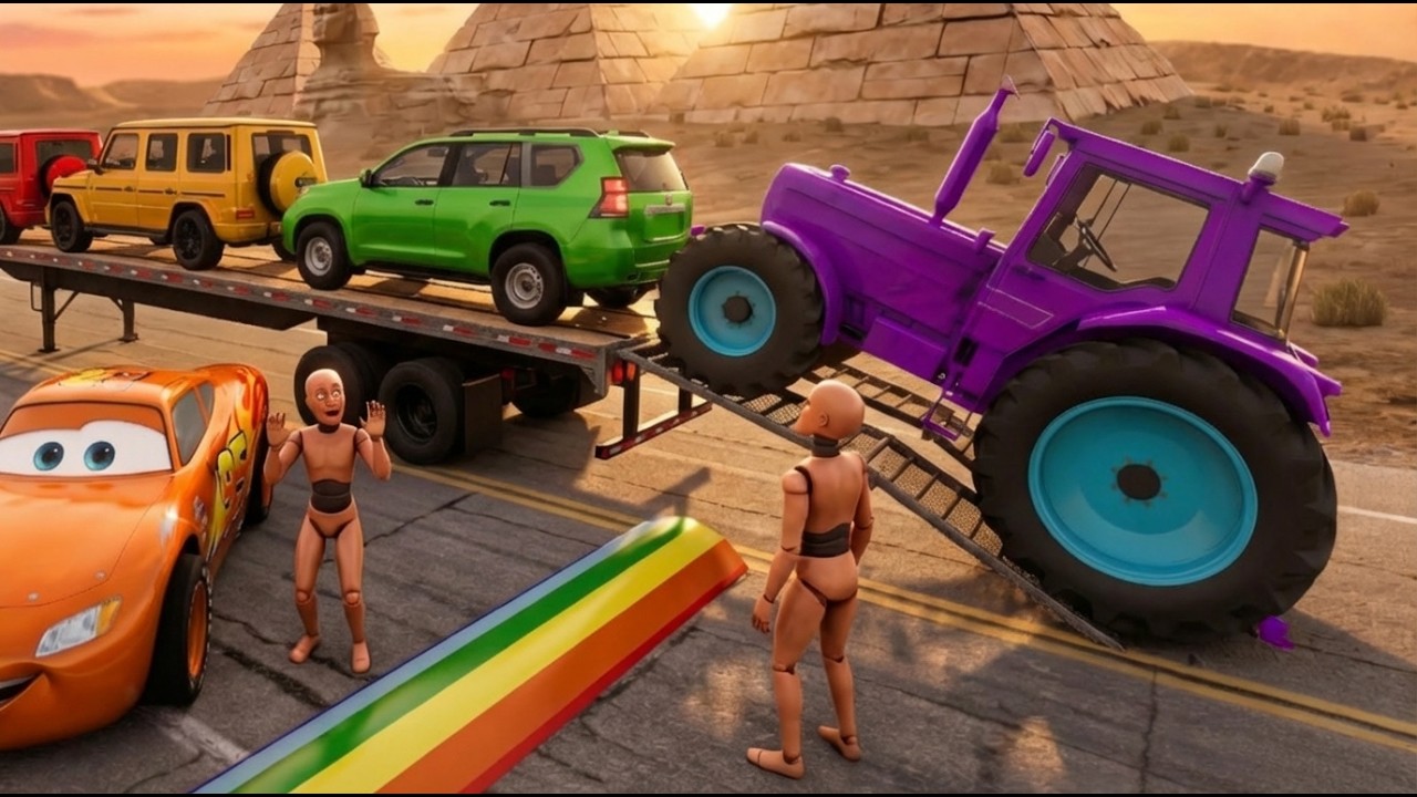 TRANSPORTING PIXAR CARS & FRUITS WITH COLORED & JOHN DEERE vs CLAAS vs TRACTORS - BeamNG.drive #50