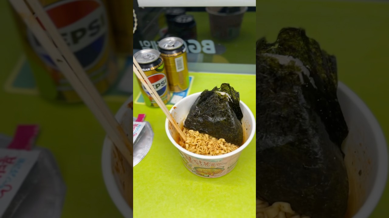 $3.2 Korean convenience store Carbonara Buldak Ramen and triangle kimbap &mdash; a delicious meal.