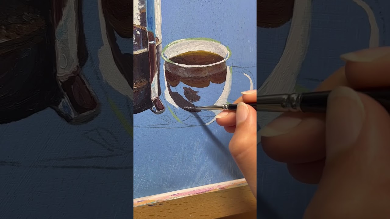 French press oil painting process video 💜 #colorfulpainting #oilpainting #artbusiness #stilllife
