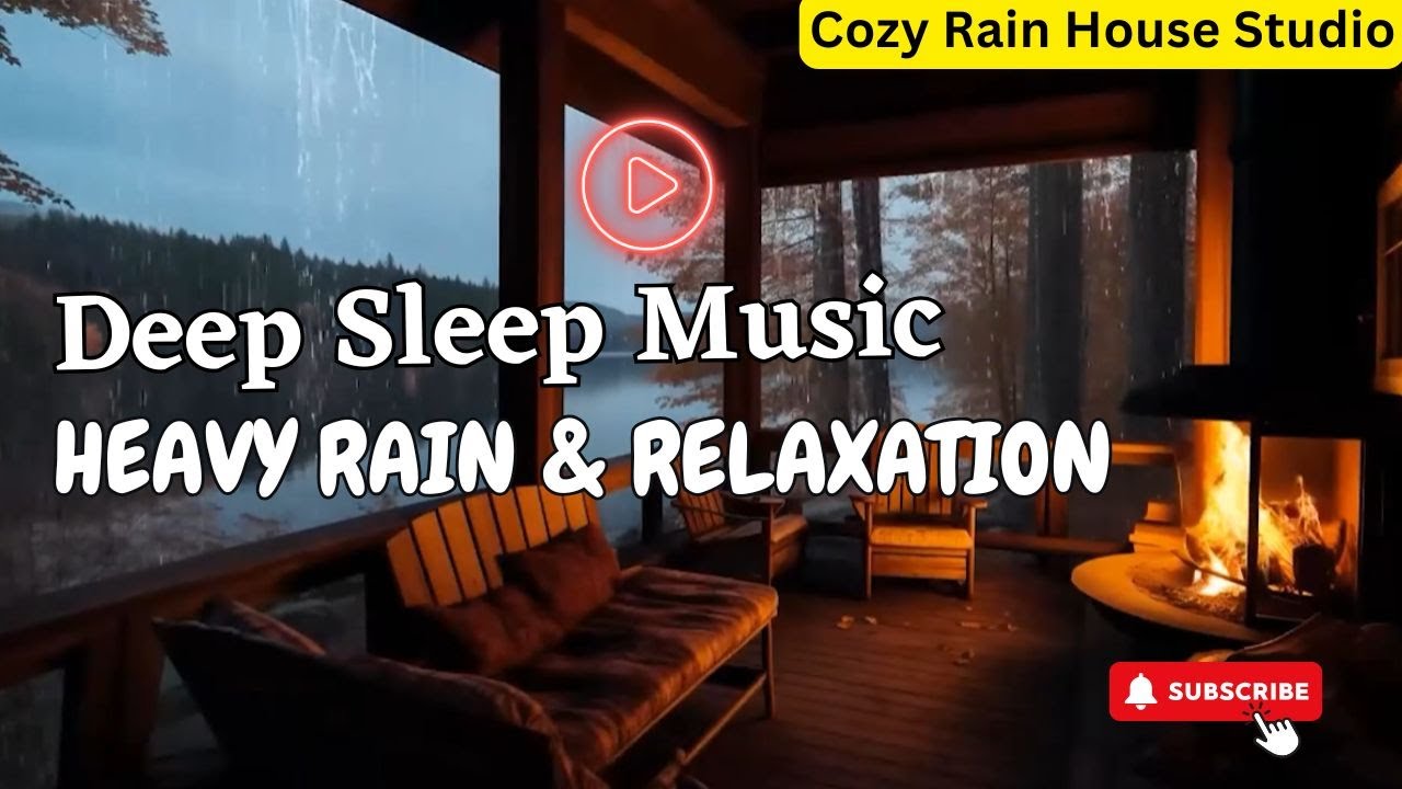 Relaxing Music & Heavy Rain and Fireplace Sounds | 8 Hours Fireplace & Rain at Night Videos