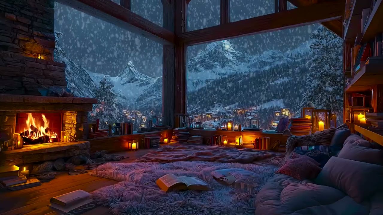 Silent Winter Cabin Night with Crackling Fireplace and Gentle Snowfall for Deep Sleep and Calm