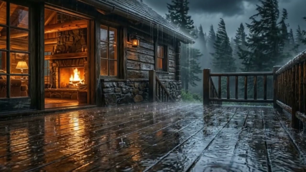 Imagine Sleeping Here… Gentle Rain on a Cozy Cabin Porch 🌧️ Fireplace Sounds