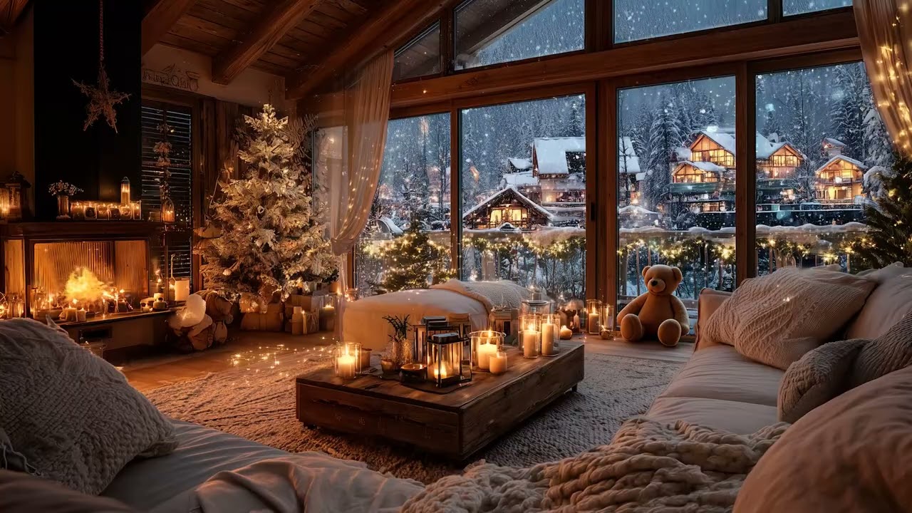 Warm Fireplace & Soft Piano Music | Relaxing Holiday Ambience with Snowfall