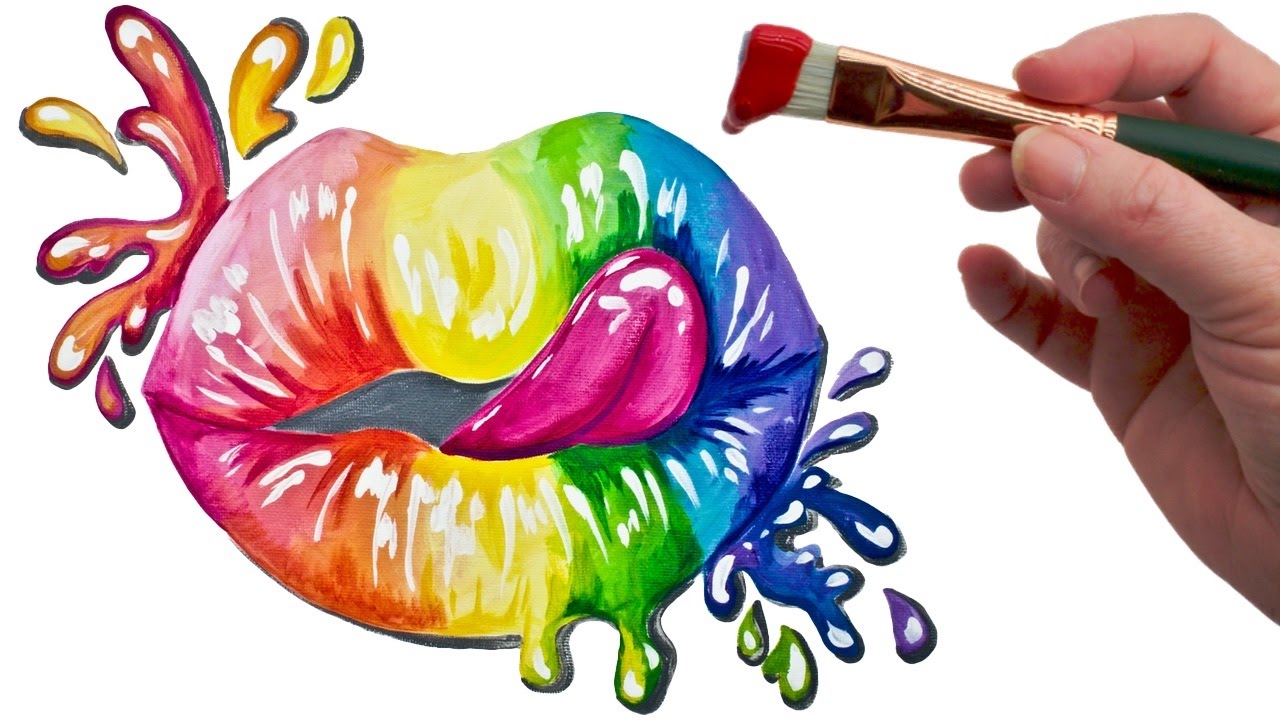 Beginners Splatter Rainbow Realistic Lips Acrylic Painting on Canvas | TheArtSherpa