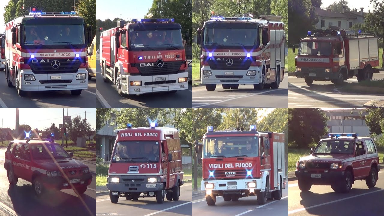 Mezzi Vigili del Fuoco Treviso per incendio autodemolizione - Italian Fire Brigade responding code3