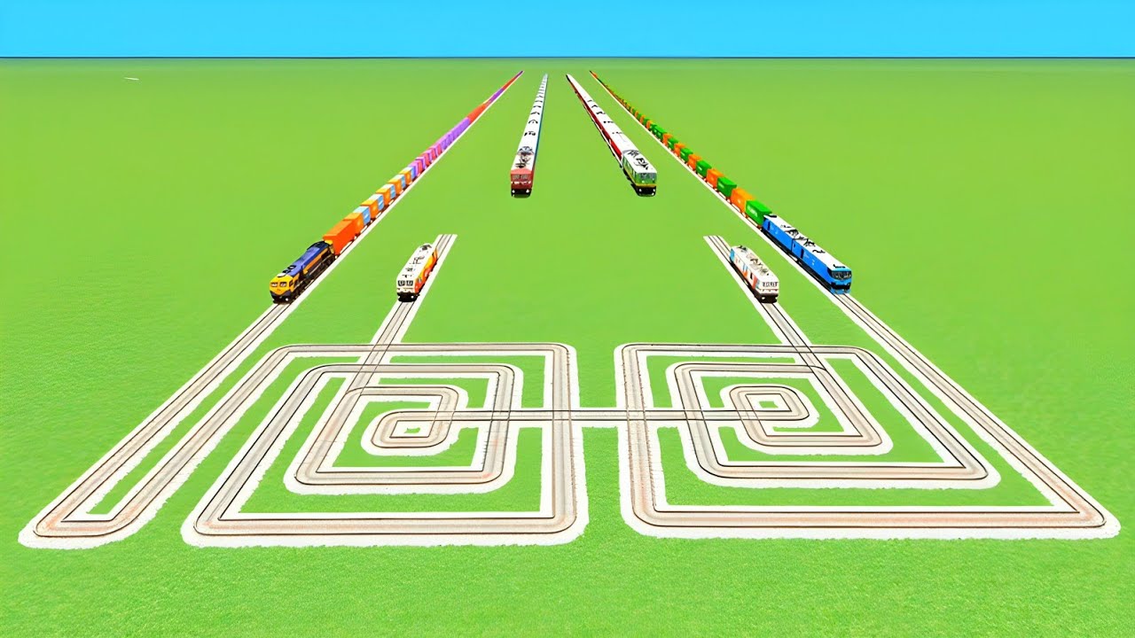 💝TRAINS CROSSIN TWO SQUARE ROUTEED TRACK UTRUN CURVE RISKY BUMPY RAILROAD RAILWORK 