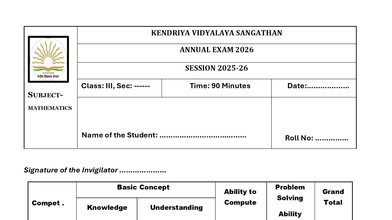Class-3 Maths (Set-2) Annual Exam 2026 Question Paper Session Ending PMSHRI KENDRIYA VIDYALAYA Term2