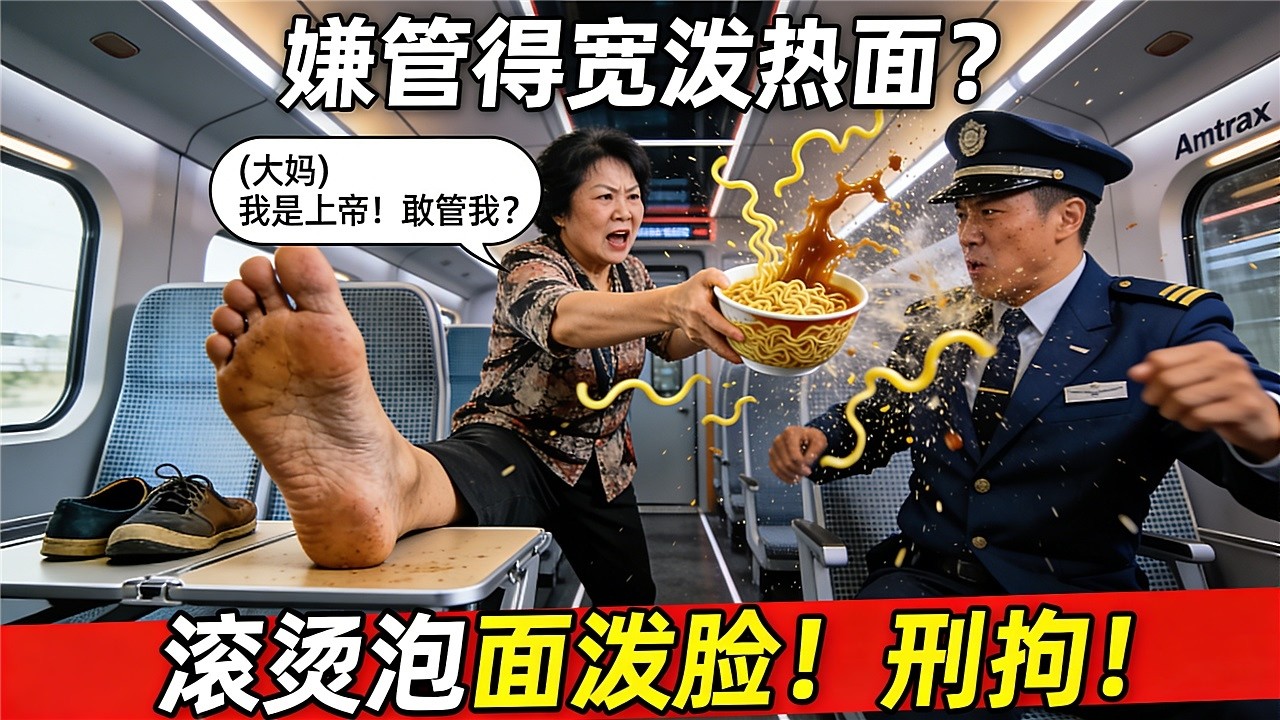 华人大妈在美国高铁(Amtrak)商务座脱鞋抠脚，嫌列车长管得宽，竟将滚烫泡面泼向对方！狂喊'我买票了就是上帝'！FBI在下一站持枪登车！判3年赔20万！