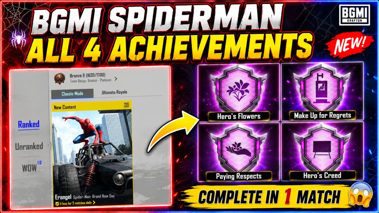 😍SPIDERMAN ALL 4 NEW ACHIEVEMENTS IN BGMI & PUBG MOBILE | COMPLETE IN 1 MATCH | MAKE UP FOR REGRETS