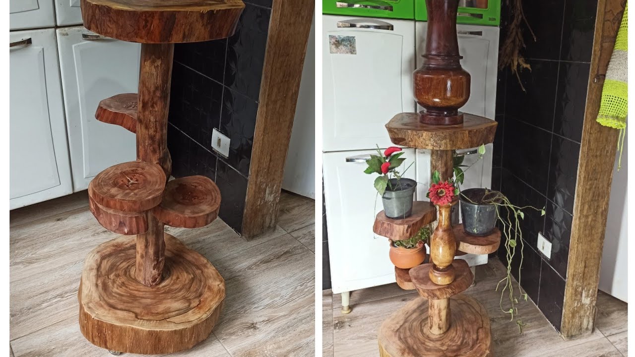 como fazer aparador para vasos feito com bolachas e tronco de madeiras#floreira#móveis #artesanatos