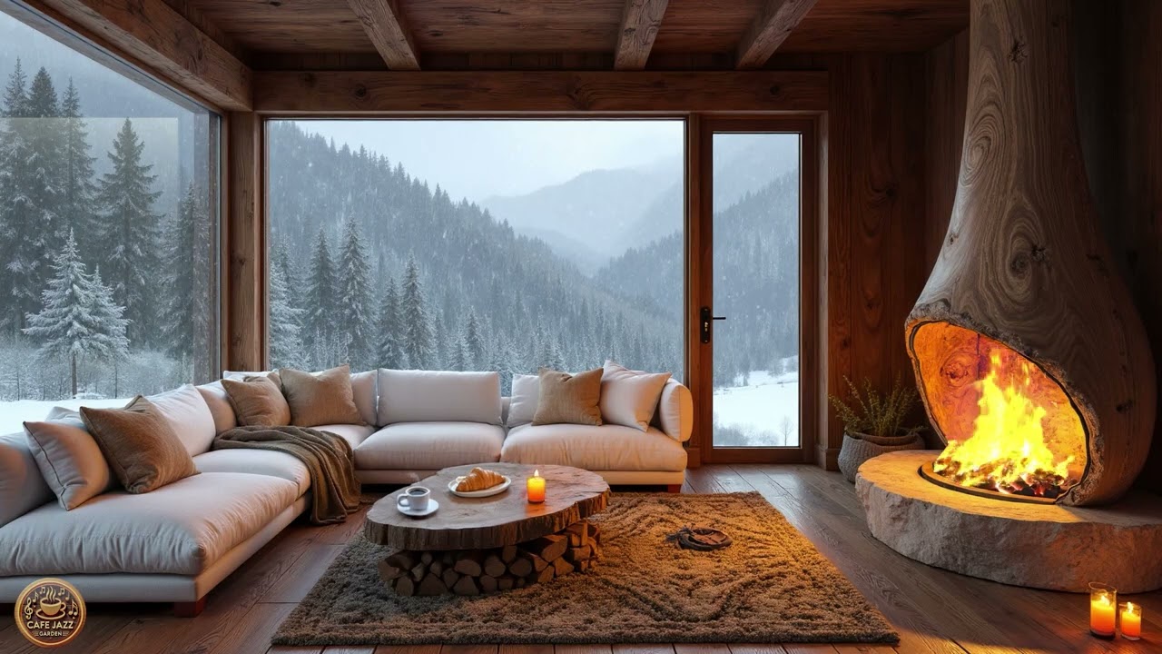 Forest Cabin Jazz & Heavy Snowfall 🎷 Crackling Fireplace