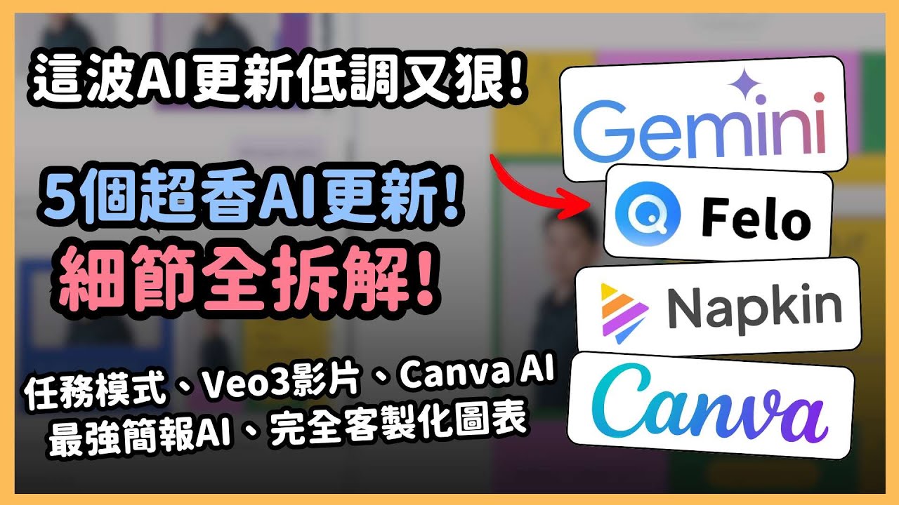 AI 更新大爆發！你不能不知道的 5 個 AI 更新，Gemini 任務＋ Veo3 影片神器、Napkin 自訂風格、 Canva隱藏 AI 助理，還有究極進化版 Felo AI 簡報！｜泛科學院