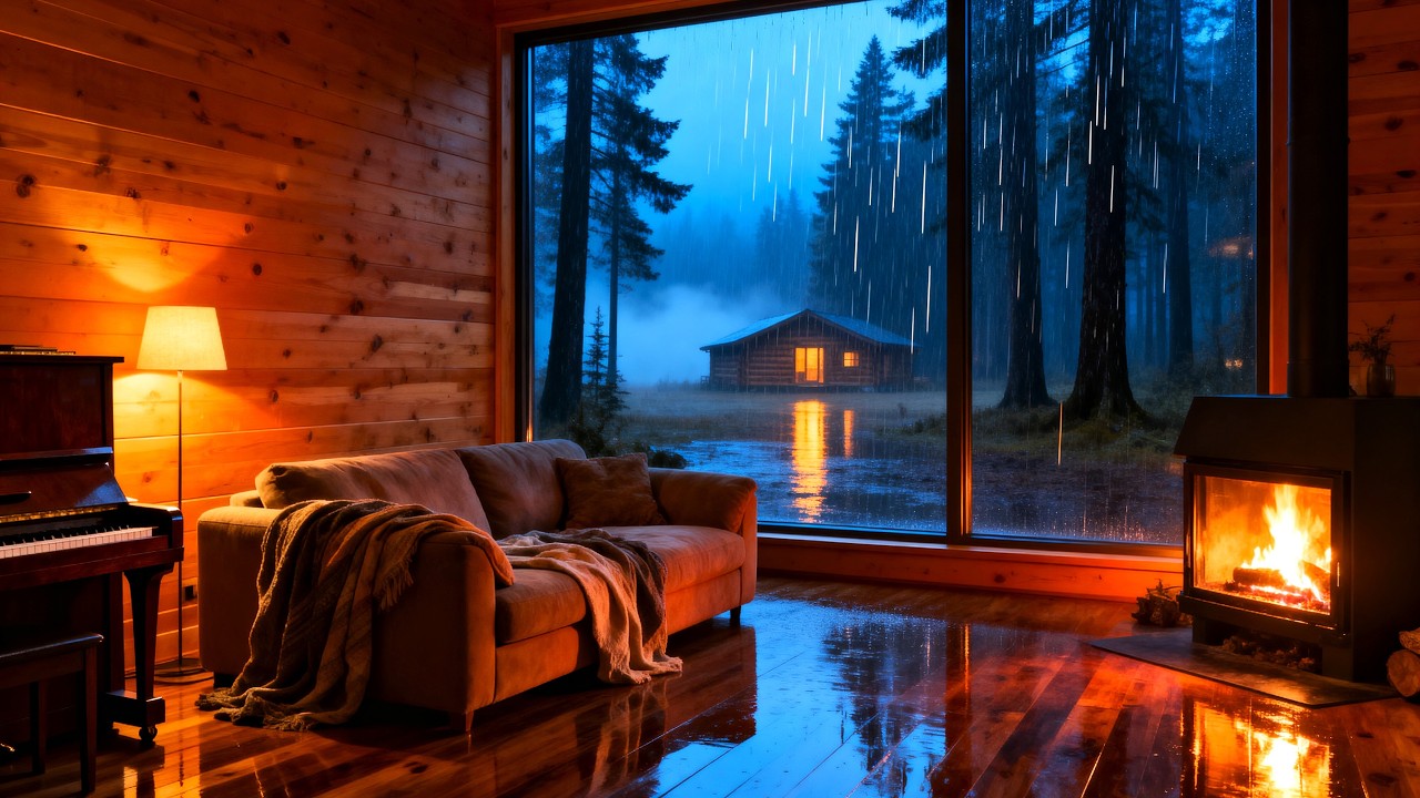Дождливая ночь Пианино Джаз 🌧️🔥, уютная хижина, Камин Лес Атмосфера