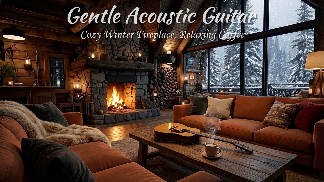 Gentle Acoustic Guitar for Focus | Cozy Winter Fireplace, Relaxing Coffee (2 Hours)
