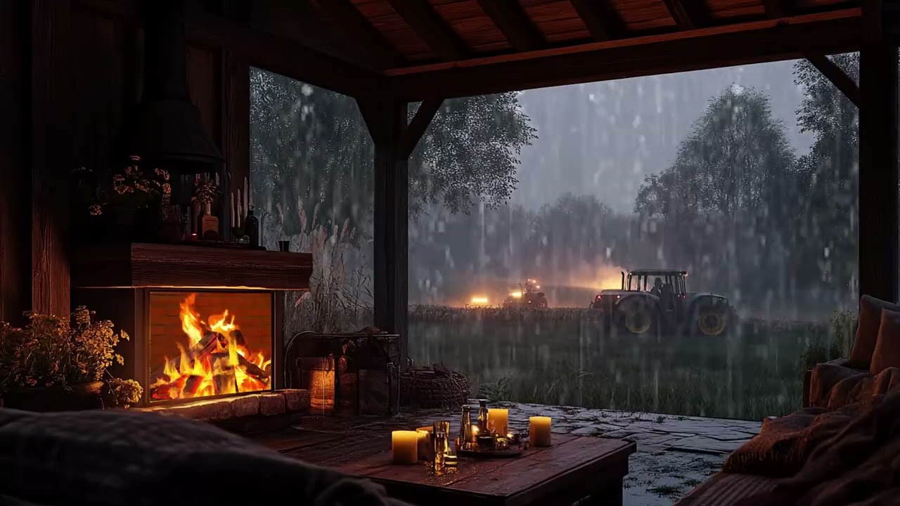 Rain Dripping Around a Wooden Porch with Fireplace | Peaceful Ambience for Deep Sleep and Relax