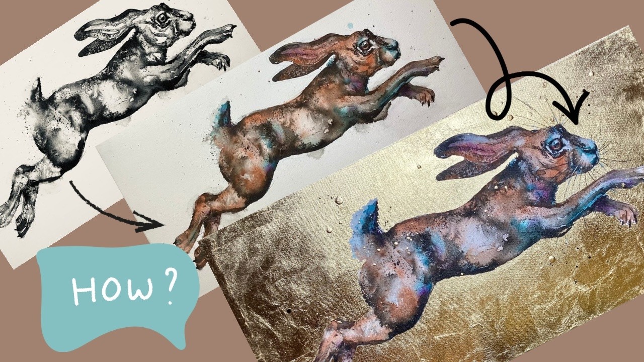 How to paint a golden hare using ink, watercolour and gold leaf on canvas