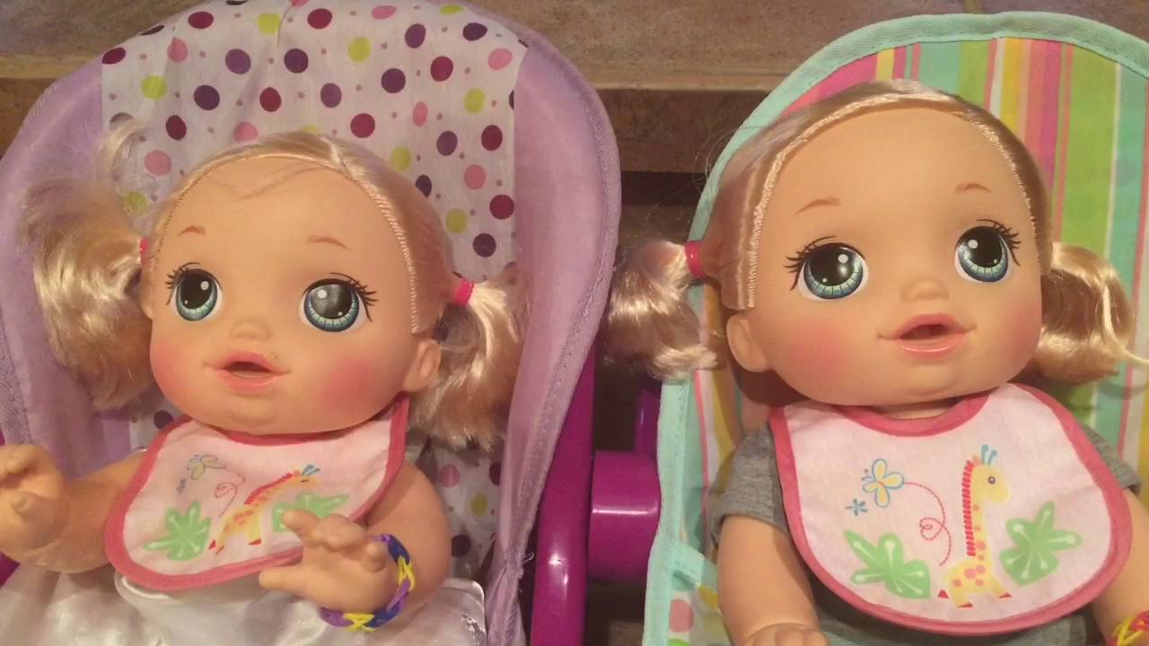 Baby Alive Go Bye Bye twins feeding Peas and Juice