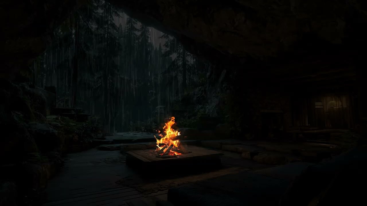 Heavy Rain Echoing Across Endless Woodland for Sleep Therapy | Warm Fire Ambient Atmosphere