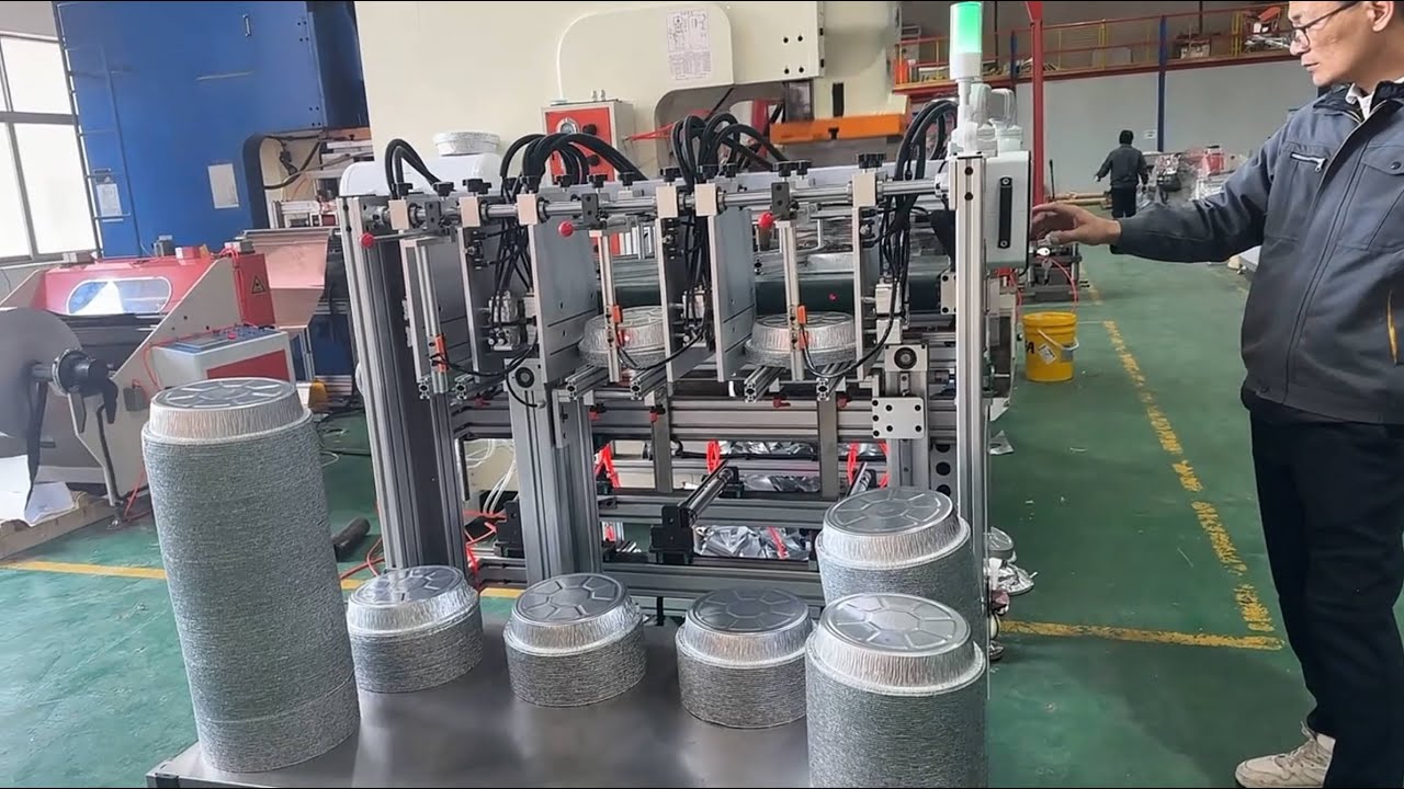 Double cavity full auto aluminum foil container making machine with round take-out tray mould