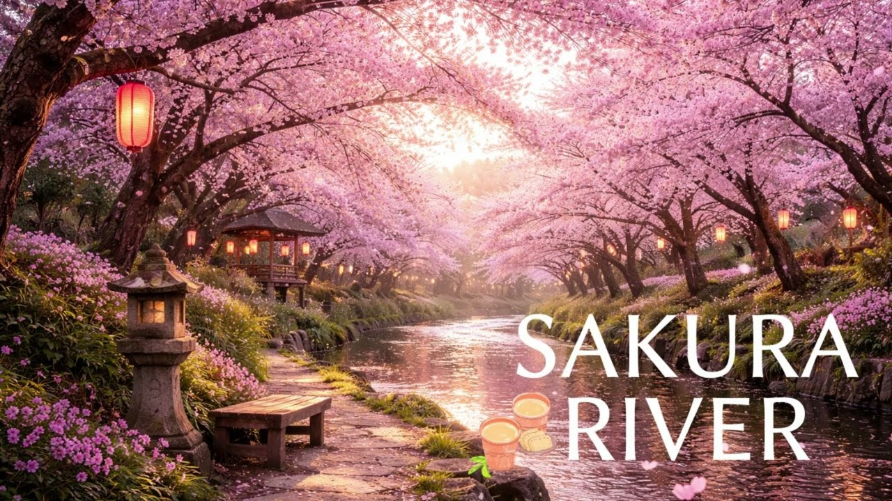 【BGM】Night Sakura River in Japan 🌸 Peaceful Cherry Blossom Ambience for Deep Relaxation (1 Hour)