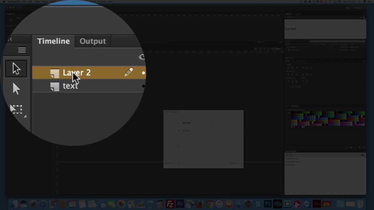 Animate CC(HTML5) self scoring simple multiple choice quiz.