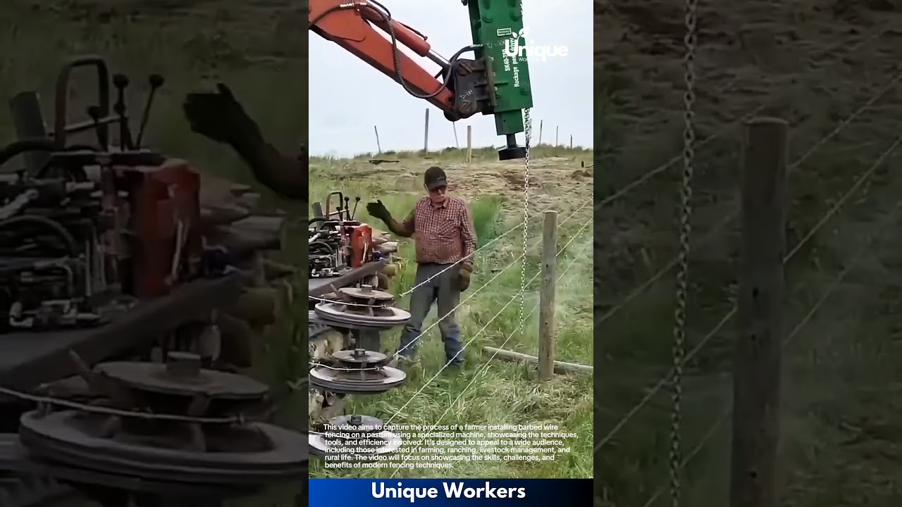 Barbed wire fencing installation: farmer using machine for pasture fencing