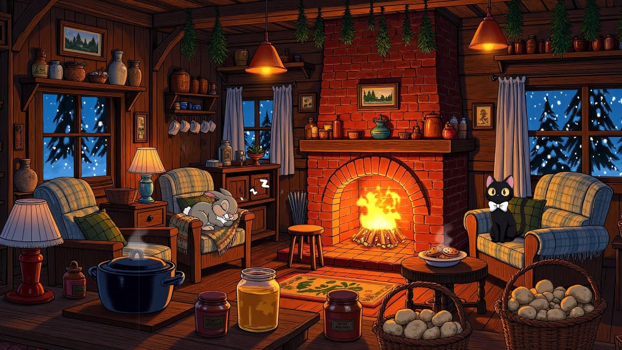 Silent Snowy Winter Night with Soft Vintage Oldies Playing From Another Room for Relax & Reading