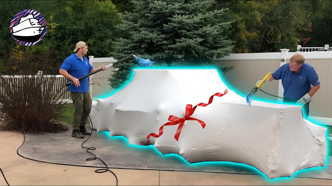 Shrink wrapping back yard furniture before winter to save space in the garage