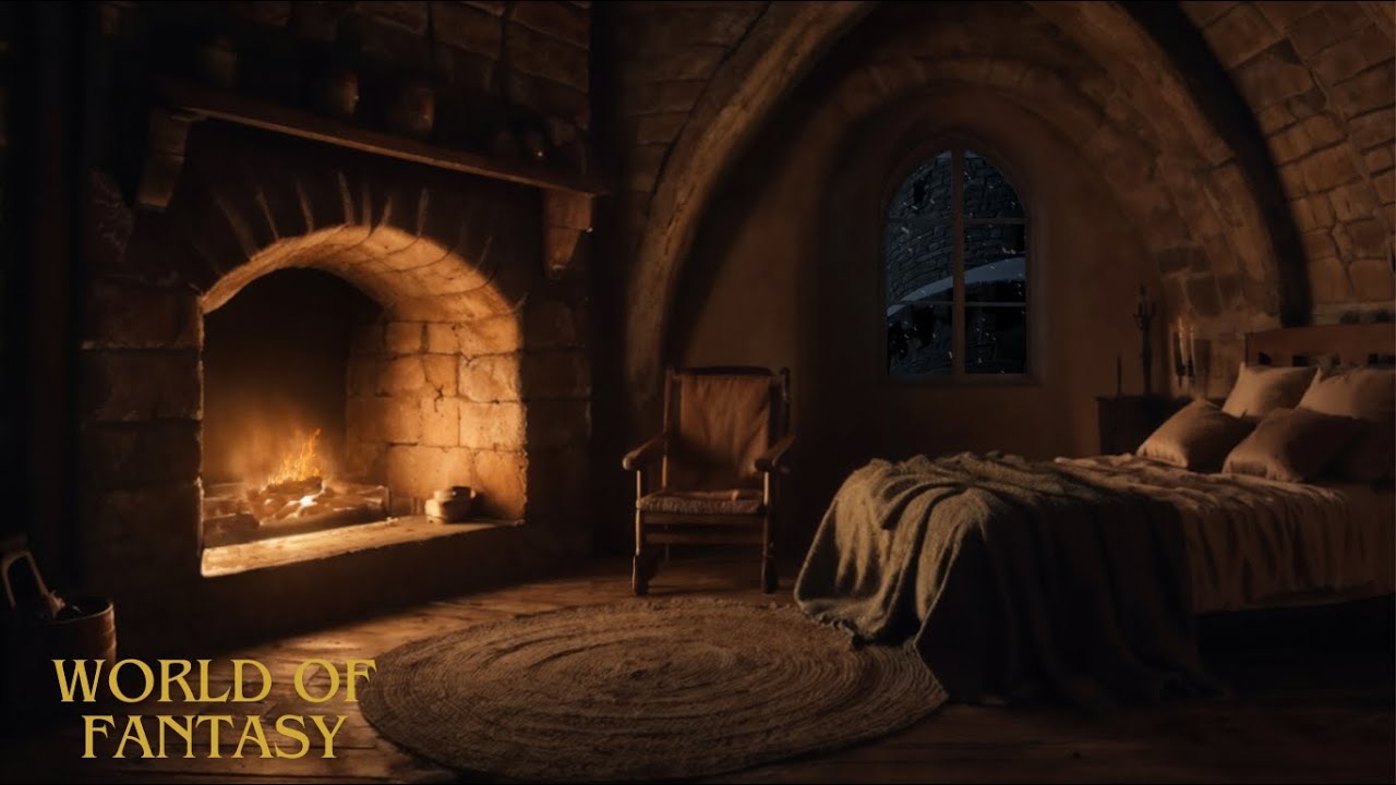 Cozy Medieval Castle Bedroom w/ Fireplace & Snow Ambience - Crackling Fire & Wind Sleep Sounds ASMR